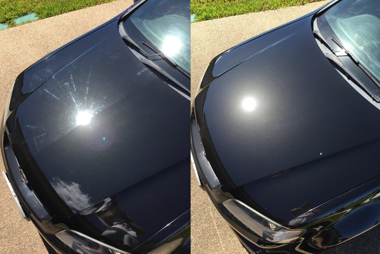 Side-by-side comparison of a car’s hood before and after paint correction, showing scratches removed and a glossy finish.