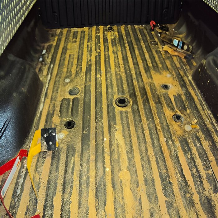 Dirty truck bed before a detailing service, showing dust, dirt, and debris.