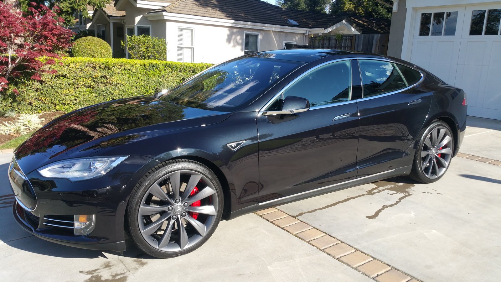 Shiny black Tesla parked in a driveway after a professional detailing service.