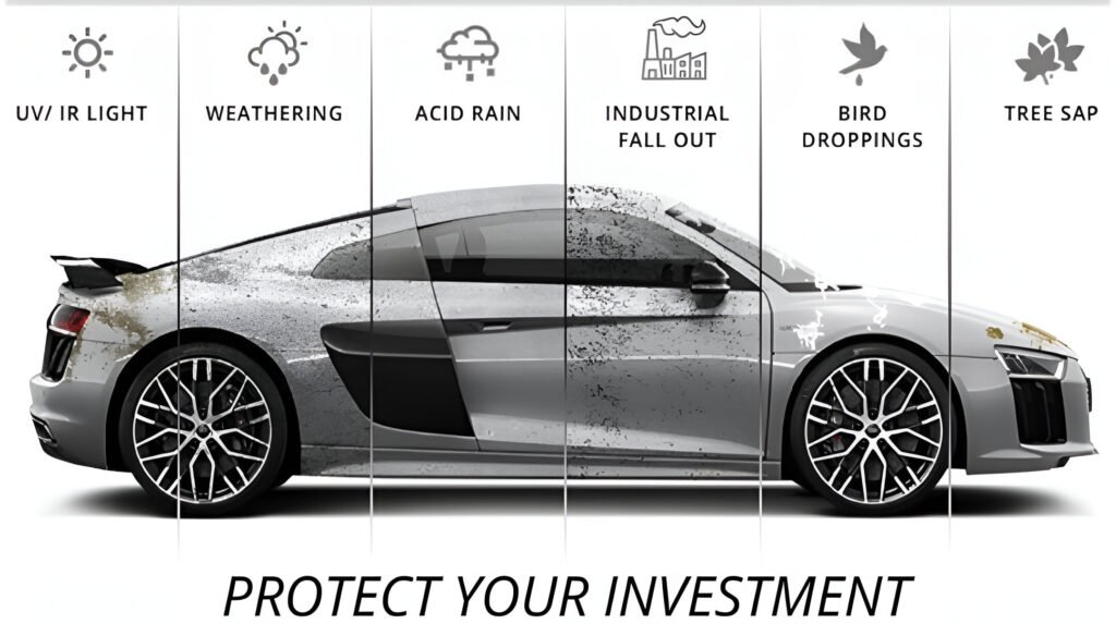 Illustration showing a car with various environmental factors that can damage its exterior, including UV light, acid rain, and bird droppings.